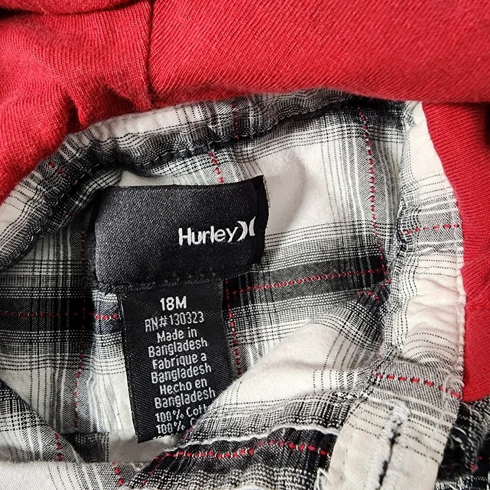Hurley Plaid Flannel Shirt‎ with Red Hood Long Sleeve Button Up Baby 18M